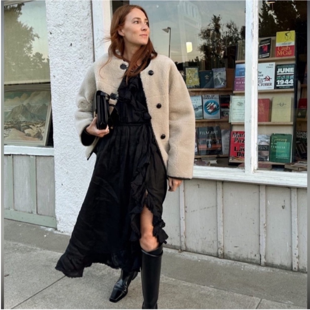 Mango Faux Shearling Chic Cream Coat with Black Accents, New with Tags - Picture 7 of 7